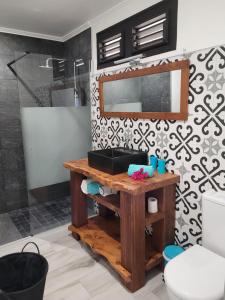 La salle de bains est pourvue d'un lavabo et d'un miroir. dans l'établissement appartement privé ECO-RESPONSABLE, magnifique vue sur la mer des Caraibes et jardin clos, WiFi, à 2mn de la plage, à Sainte-Luce