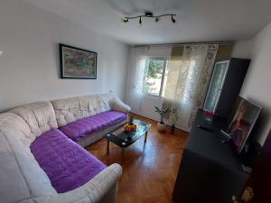 a living room with a couch with a purple blanket at Split apartment in Split