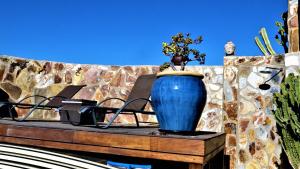VILLA DE LUXE 5***** golf - piscine chauffée - home cinéma - billard في موجان: مزهرية زرقاء عليها نبات على طاولة