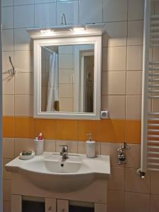 ein Bad mit einem Waschbecken und einem Spiegel in der Unterkunft Angels' Whisper - Studio City Center in Braşov