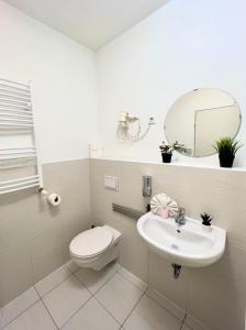 a bathroom with a toilet and a sink and a mirror at Prince Apartments in Budapest