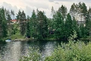 a view of a lake with a boat on it at RELAX, Heart of nature and lakes in Hyrynsalmi