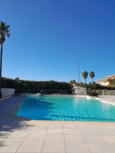 a swimming pool with blue water and palm trees at Port Frejus Thalasso in Fréjus