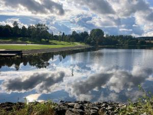 a lake with a reflection of clouds in the water at Gemütliches Ferienhaus mit sonniger Terrasse Frankenwald nähe Badesee Smart-TV in Lichtenberg +13 photos