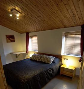 ein Schlafzimmer mit einem Bett und einer Holzdecke in der Unterkunft Peled House of Art in Mevasseret Zion