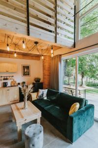 a living room with a green couch and a table at Nowe Domki Jeleni Szlak in Ustrzyki Dolne