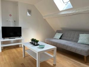 a living room with a couch and a tv at Le Perchoir in Melun