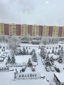 un aparcamiento cubierto de nieve con coches aparcados frente a un edificio en Квартира премиум класса, en Semey