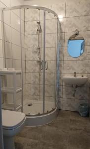 a bathroom with a shower and a toilet and a sink at Sercówka Międzyzdroje in Międzyzdroje