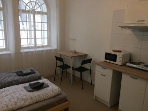 1 dormitorio con 1 cama y 1 mesa con microondas en UBYTOVÁNÍ u BRABANTÍKA, en Desná