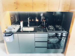 a kitchen counter with a sink and a stove at The Beehive in Mytilini