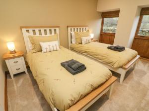 two twin beds in a room with two windows at Hollowgill Barn in Sedbergh