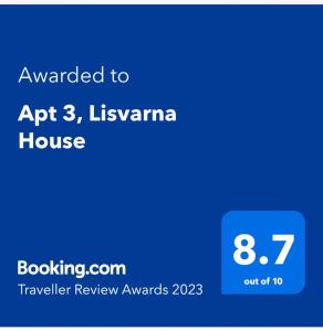 Majutusasutuses Apt 3, Lisvarna House olev sertifikaat, autasu, silt või muu dokument