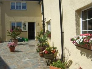 a patio with potted plants and flowers in front of a house at Frankaborough Farm Holiday Cottages in Virginstow