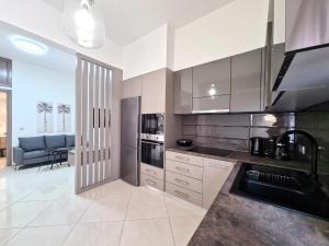 cocina con electrodomésticos de acero inoxidable y sala de estar. en Anna & Zampia central apts, en Kissamos