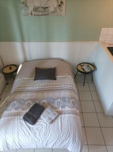 uma cama com duas almofadas num quarto em 4-Gîte 4 personnes avec piscine em Saint-Aubin-de-Nabirat