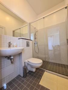 a bathroom with a toilet and a sink and a shower at Villa Loebel 1881 Annex Building in Juodkrantė +16 photos