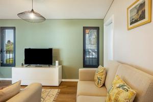 a living room with a couch and a tv at Referta Apartamento T1 in Prazeres