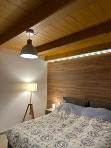 VillagrandeにあるTabia Suite Pelmoの木製の壁のベッドルーム1室(ベッド1台付)