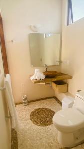 een badkamer met een toilet, een wastafel en een spiegel bij Luana suites- Suite Nikté in Zihuatanejo
