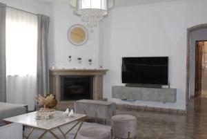 ein Wohnzimmer mit einem TV und einem Kamin in der Unterkunft Villaricardo_azeitao Moradia moderna para 9 guests in Azeitão