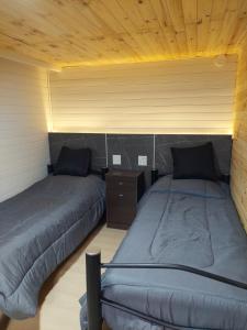 een kamer met 2 bedden en een houten plafond bij Los Rododendros in Villa La Angostura
