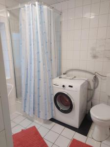 a washing machine in a bathroom with a toilet at Ferienhaus Cissy in Lübeck +14 photos