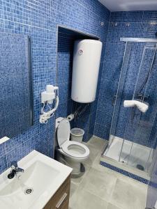 a blue tiled bathroom with a toilet and a sink at HOSPEDAJE NUEVA NUMANCIA in Madrid