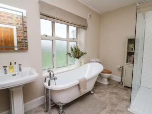 a bathroom with a tub and a sink and a toilet at Tirallen in Llanwrda