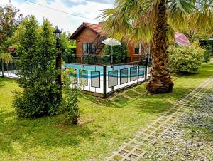 a house with a swimming pool and a palm tree at Casa MERLITO - PISCINA DE USO EXCLUSIVO - HERMOSAS VISTAS A LAS SIERRAS -VILLA DE MERLO - SAN LUIS in Merlo