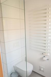 a bathroom with a toilet and a glass shower at Apartment Haak in Halle Westfalen