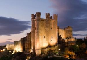 ein Schloss, das nachts auf einem Hügel liegt in der Unterkunft BaruHaus Nido Valencia de don Juan in Valencia de Don Juan