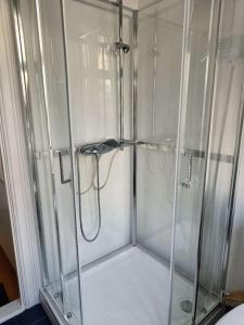 a shower with a glass door in a bathroom at Cozy, Central, Ocean View in Ålesund