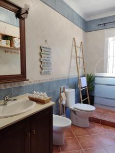 a bathroom with a sink and a toilet and a mirror at Casa Rural Asgard in Chiclana de la Frontera