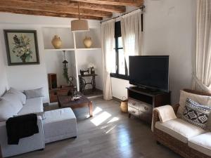 a living room with a couch and a flat screen tv at Un tros de Sal. Casa Rural a Gerri de la Sal. in Gerri