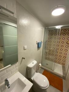 Cozy Estrela Apartment في لشبونة: حمام مع مرحاض ودش ومغسلة