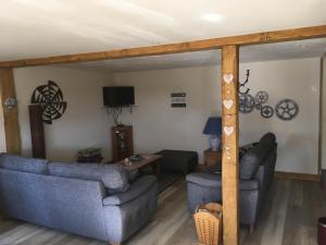 ein Wohnzimmer mit 2 Sofas und einem TV in der Unterkunft Le Bois Gautier in Savigny-le-Vieux