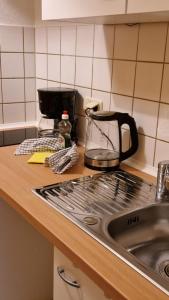 a kitchen counter with a sink and a microwave at Innenstadt-Appartement in Dresden