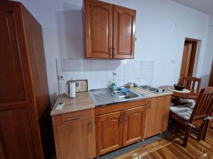 una cocina con armarios de madera y fregadero en Apartman LiSA, en Banja Koviljača