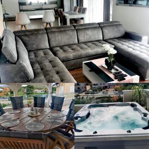 - un salon avec un canapé et une table avec une baignoire dans l'établissement Penhaus apartman Angelus Drage, à Pakoštane
