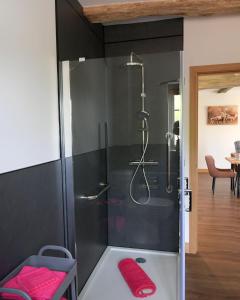 a bathroom with a shower with a glass door at The Tack Room at Castle Chase Ayston 