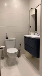 een badkamer met een toilet, een wastafel en een spiegel bij Łęgucki Młyn in Gietrzwałd