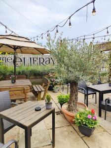een patio met tafels en stoelen en een potboom bij The Elleray in Windermere