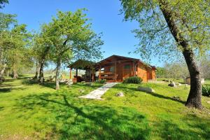 una cabaña de madera en un campo con árboles y césped en Robinson House Istra Vižinada Poreč, en Vižinada