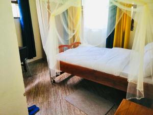 a bedroom with a bed with curtains and a window at Home from home in Mbale