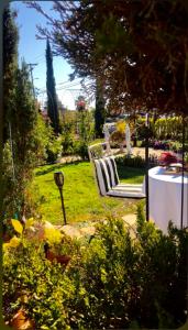 a garden with a table and a chair in the grass at Chardonnay Lodge in Napa
