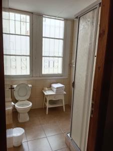 a bathroom with a toilet and two windows at Hotel Paseo Valle in Viña del Mar