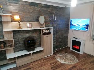 a living room with a fireplace and a tv at Apartman Dionis SM in Sremska Mitrovica