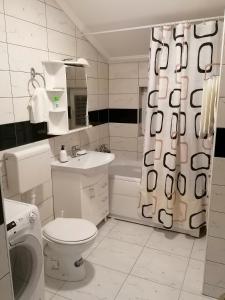 a white bathroom with a toilet and a shower curtain at Apartman Dionis SM in Sremska Mitrovica