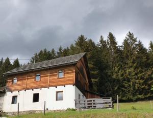 a white and wooden barn with trees in the background at Karlbauer Hütte in Lendorf